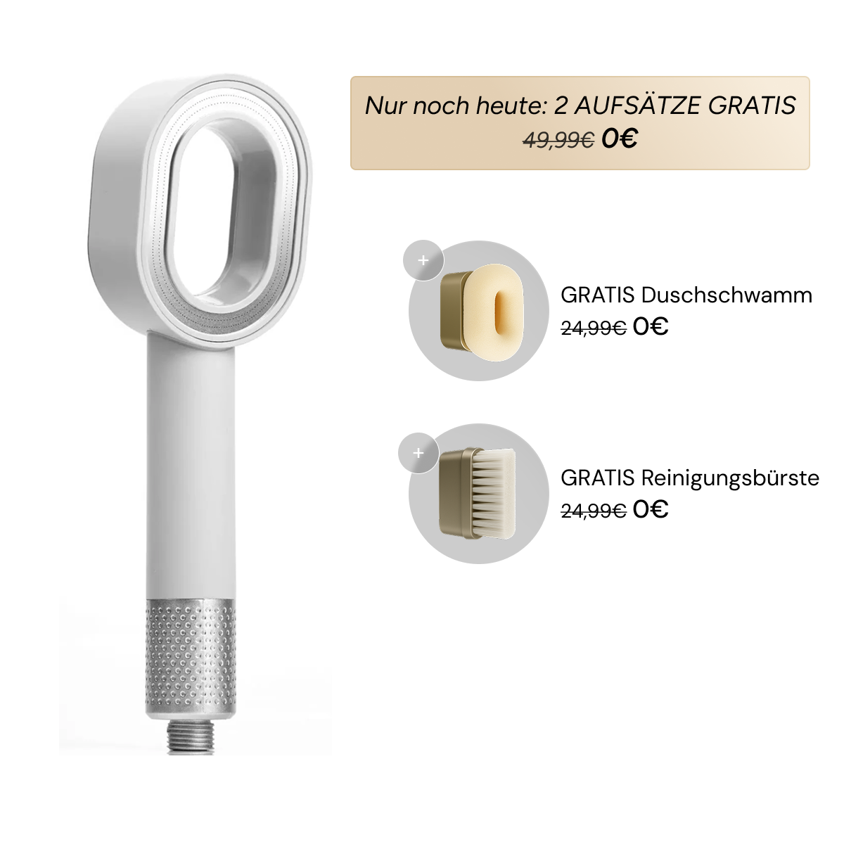 Doyoo Pure Premium Filterduschkopf mit Gratisaufsatz Peelingschwamm und Reinigungsbürste auf weißem Hintergrund