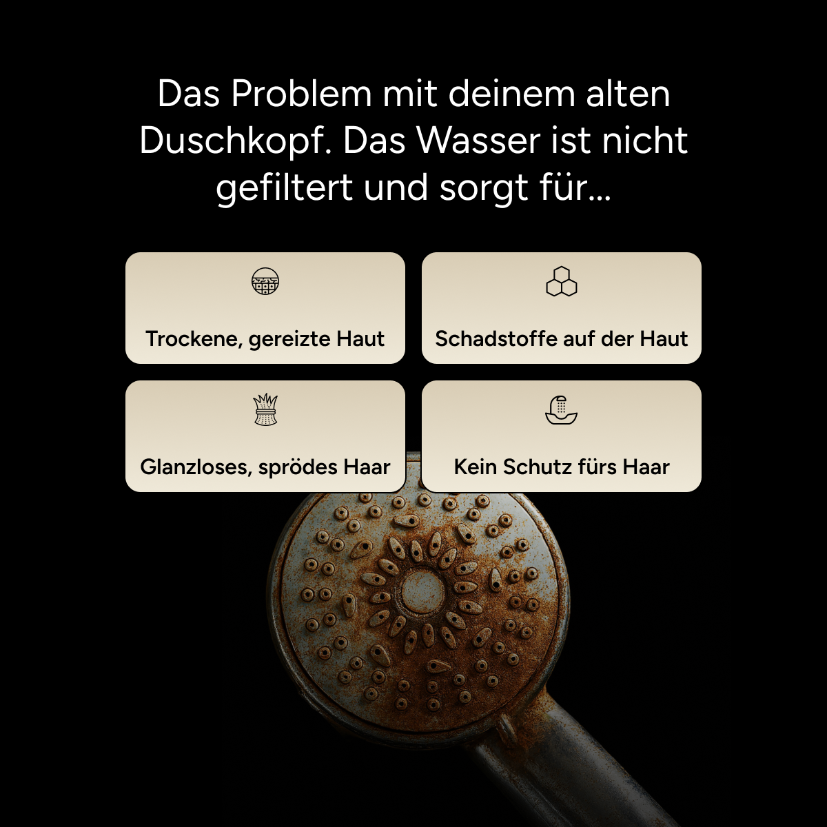 Darstellung von Wasserproblemen und der Lösung durch den Doyoo Pure Premium Filterduschkopf