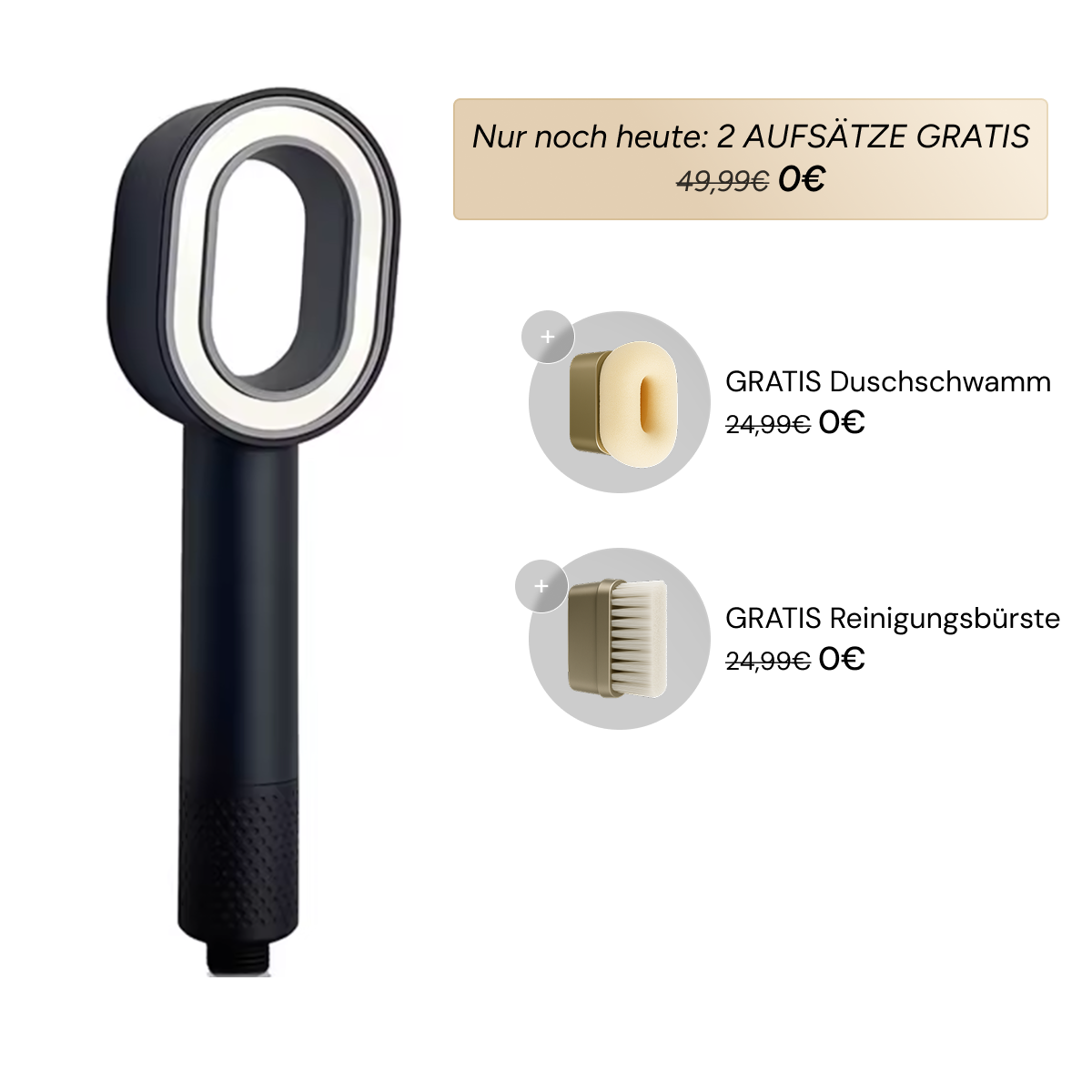 Schwarzer Doyoo Filterduschkopf mit gratis Peelingschwamm und Reinigungsbürste