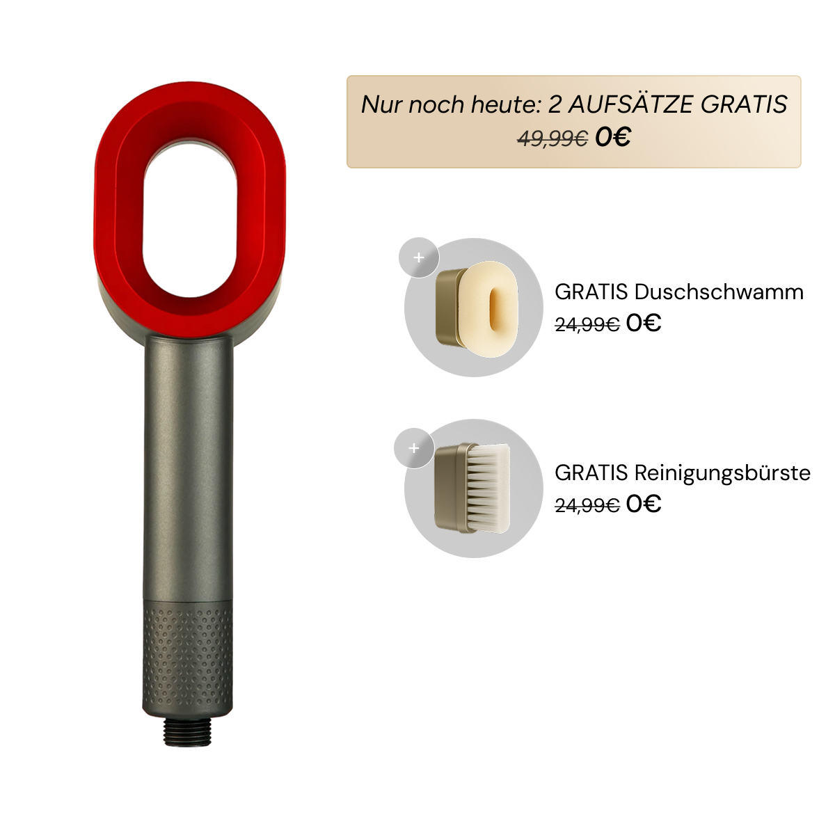 Doyoo Pure Premium Filterduschkopf mit Gratisaufsatz Peelingschwamm und Reinigungsbürste auf weißem Hintergrund